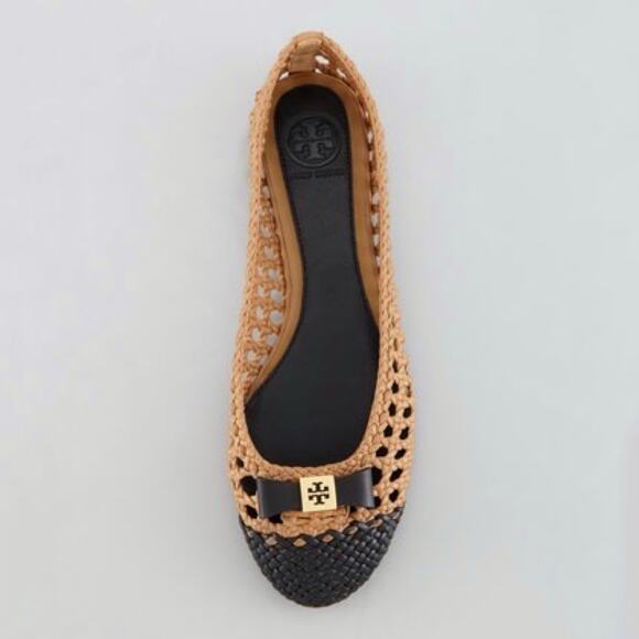 Tory Burch 6 Carlyle Woven Leather Ballerinas Ballet Flats Black Tan Logo Bow - Picture 5 of 14